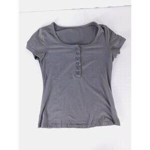 SheIn Shirt Womens Medium Gray Scoop Neck Short Sleeve Button Front Stretch